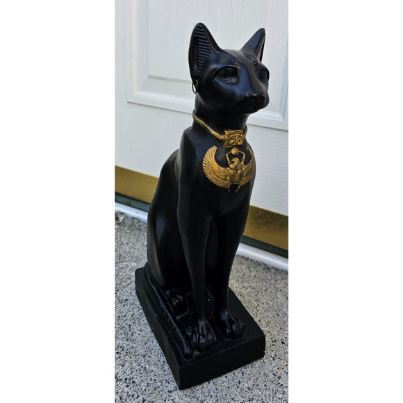 Ancient Egyptian Sitting Black and Gold Bastet Cat Figurine Egypt 13 1/2" - Picture 3 of 12